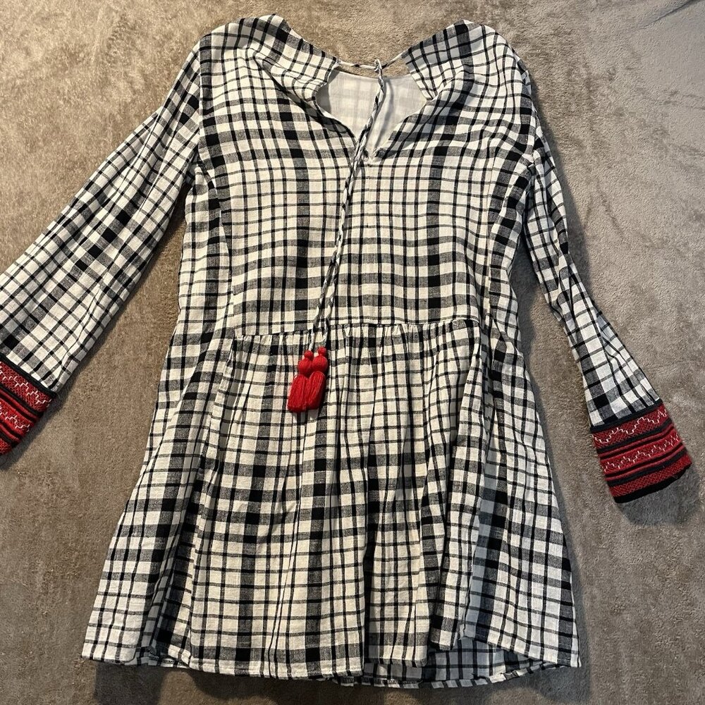 Zara Trafaluc Dress Womens Sz M Checkered Plaid Embroidered Drop Waist‎ Mini Red - Picture 4 of 9